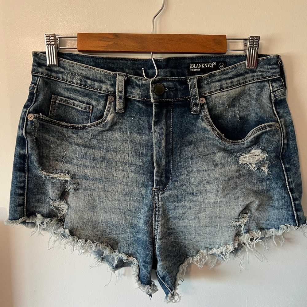 Blank NYC Distressed Frayed Hem Denim Shorts - Blue Wash